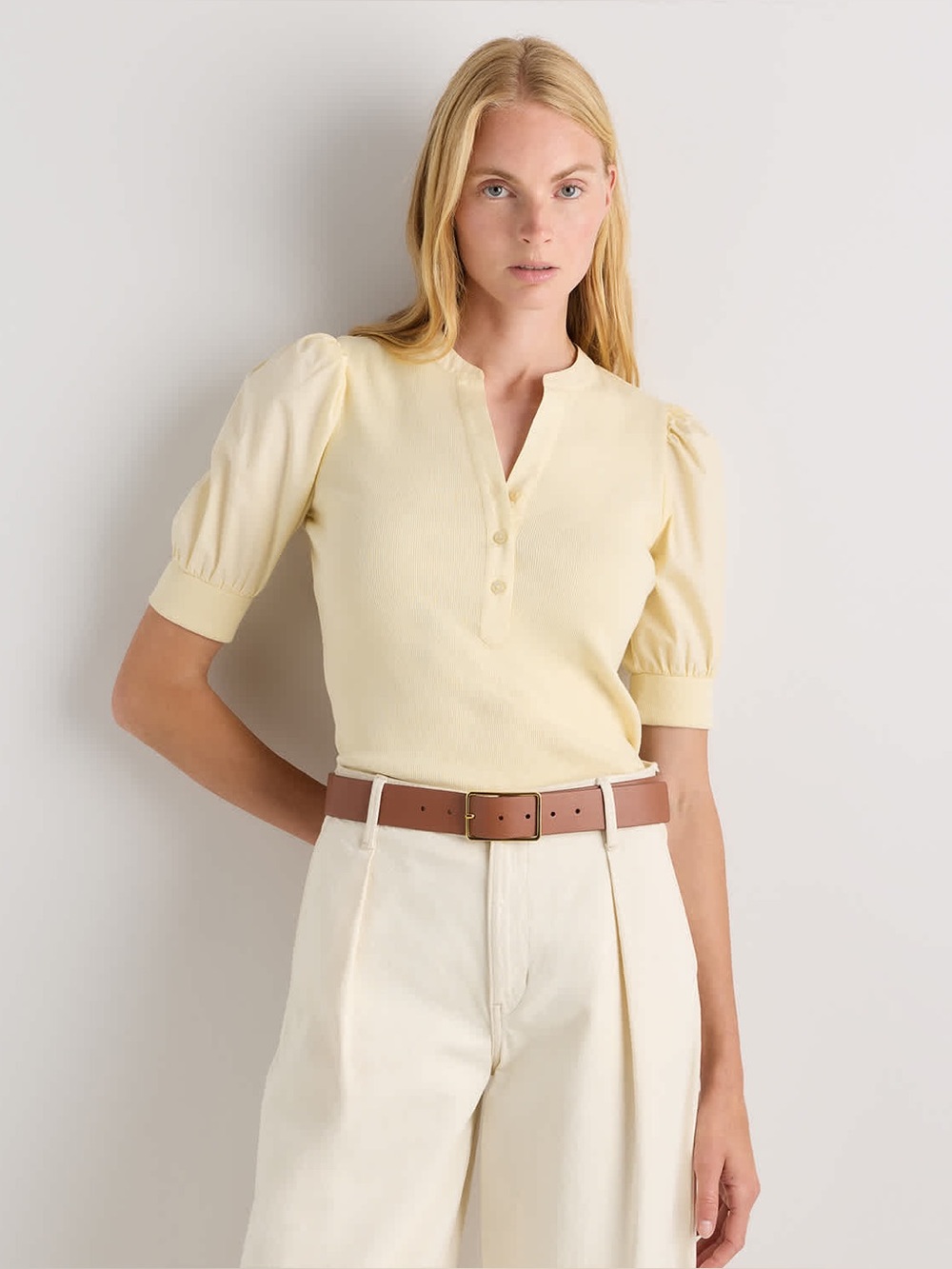 Quince mixed media puff sleeve top pale custard yellow size medium